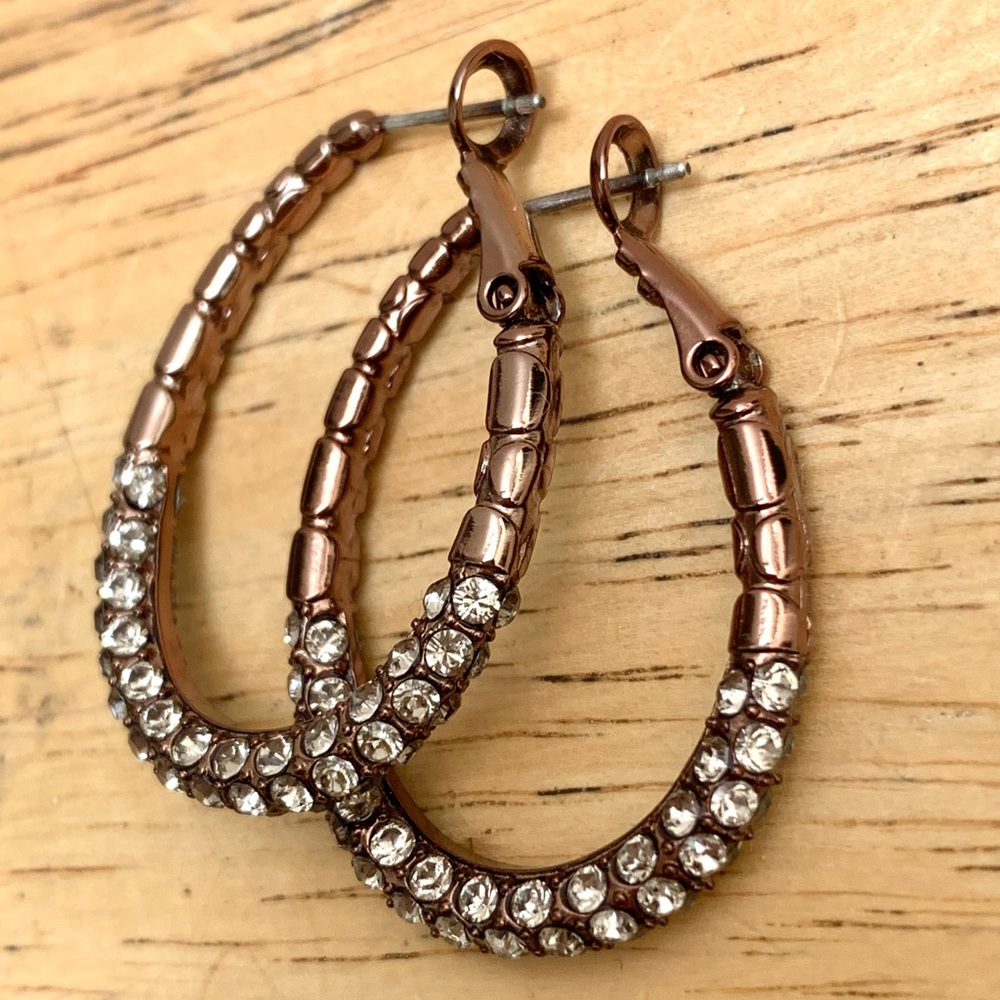 Vintage rose gold toned rhinestone hoop earrings